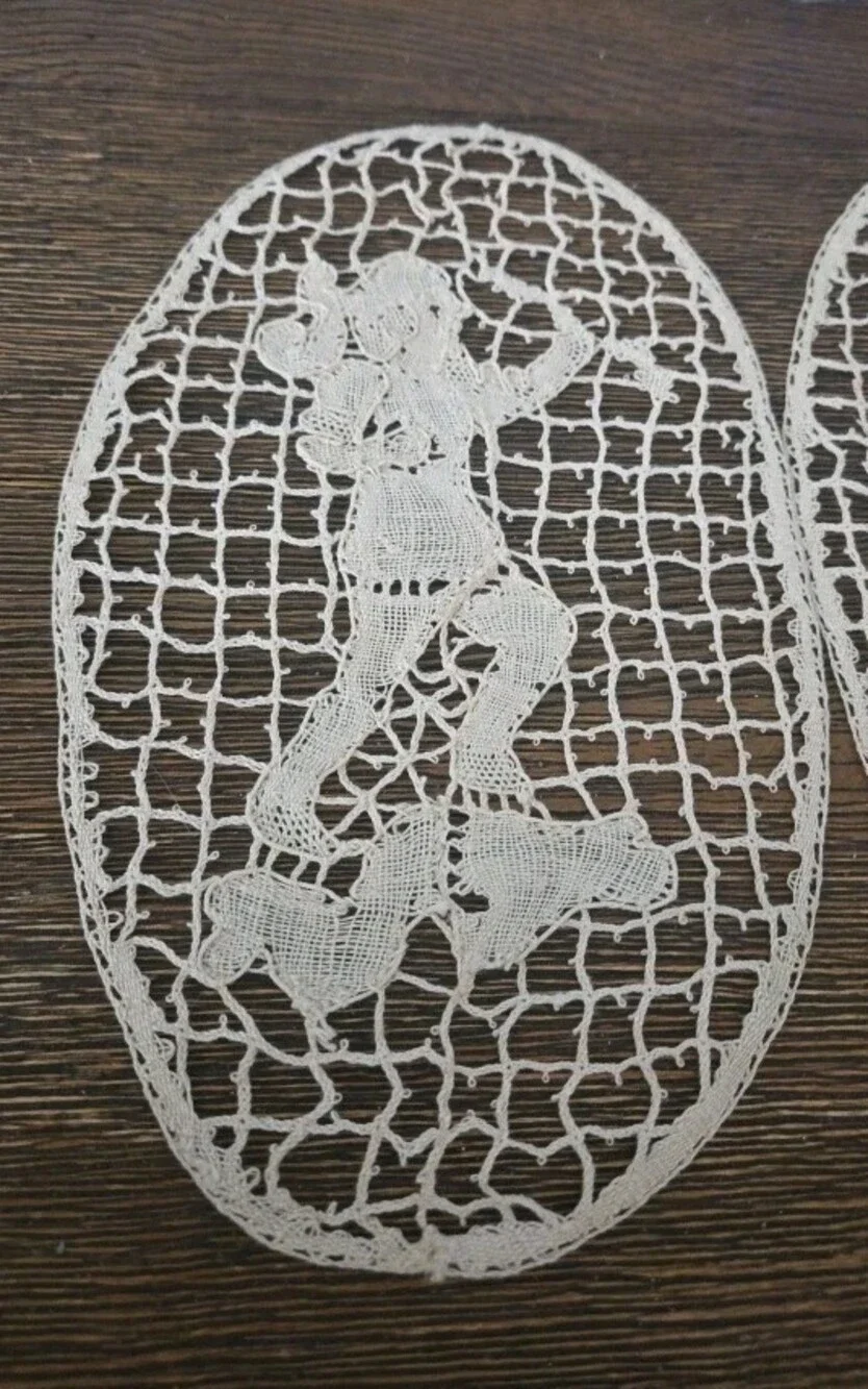 4 Antique Figural Needle Lace Doilys Inserts Applique Table Decoration Oval